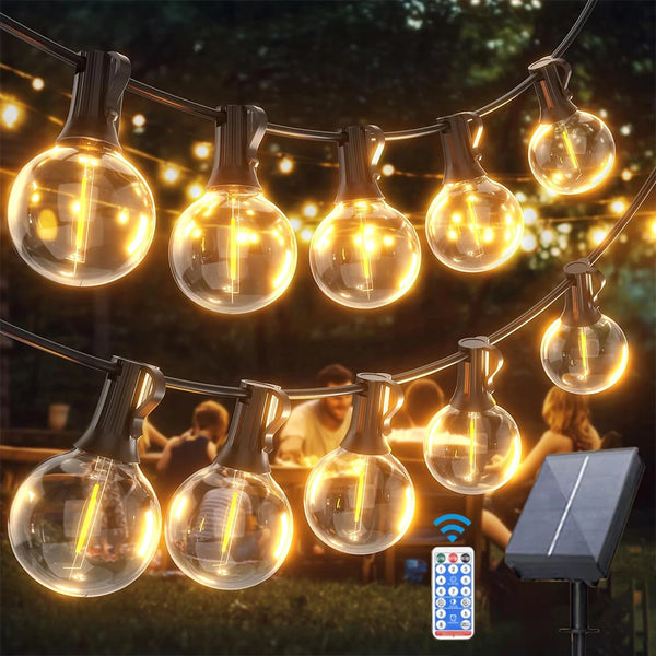 Vytra Solar Glow String Lights hanging in backyard
