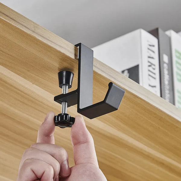 Adjustable desk edge hook black with thumbscrew